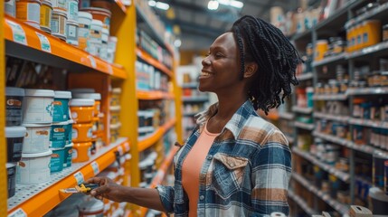 A joyful woman selecting paint in a vibrant home improvement store, showcasing creativity and inspiration for her project.