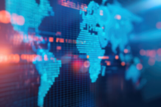 Blurred digital world map with glowing data points, representing global connectivity, information exchange, and technology in a futuristic style.