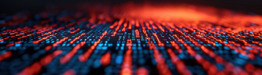 Abstract futuristic technology background with red and blue glowing digital data streamlines. Concept of data flow, digital innovation, and cyberspace.