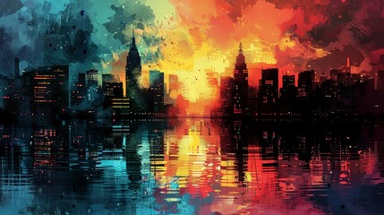 Abstract cityscape silhouette with vibrant colors and dynamic patterns