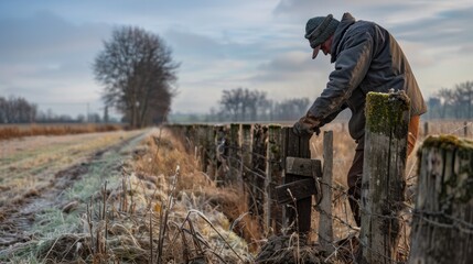 A man repairs a wooden fence at dawn, surrounded by a serene winter landscape with frost-covered grass and trees.