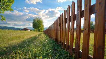 Fototapeta premium A picturesque wooden fence along a grassy field under a bright blue sky with fluffy clouds in the background.