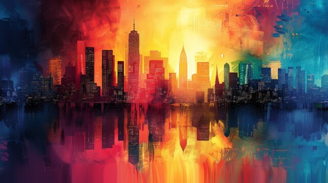 Abstract cityscape silhouette with vibrant colors and dynamic patterns
