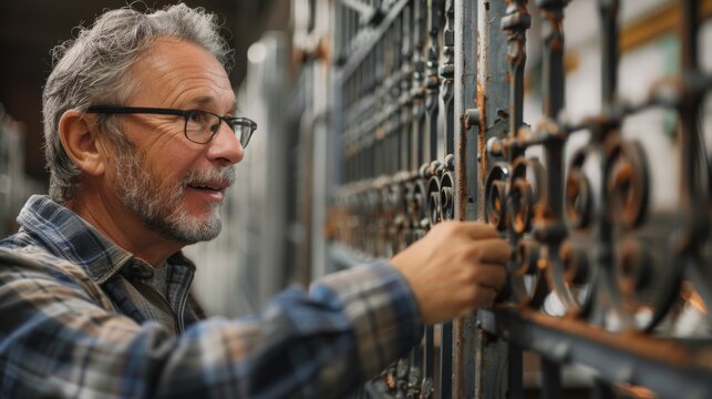 A skilled craftsman examines intricate metalwork, showcasing artistry in craftsmanship and attention to detail in the workshop.