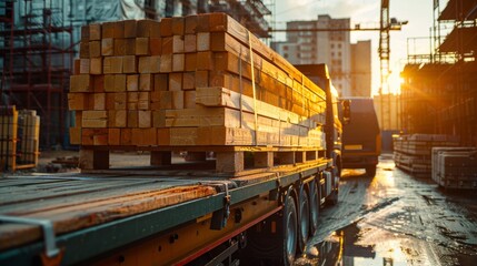 A stack of lumber on a flatbed truck at sunset, showcasing a construction site with cranes and scaffolding in the background.