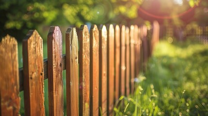 A sunlit wooden fence surrounded by lush greenery, evoking a sense of tranquility and rustic charm in nature.
