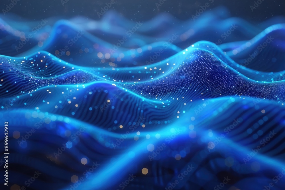 Poster abstract glowing blue wave pattern with digital particles. futuristic technology background with lig