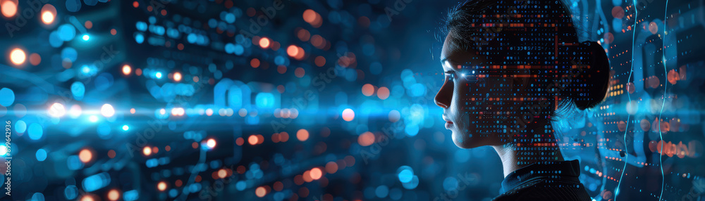 Poster futuristic scene of a person surrounded by digital data and technology, representing artificial inte