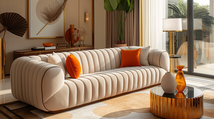 Photographer Chen Man's fashionable photography style features light beige, high-quality textured fabric three seater sofa with gold and pink decorative elements, natural warm colors, classic American