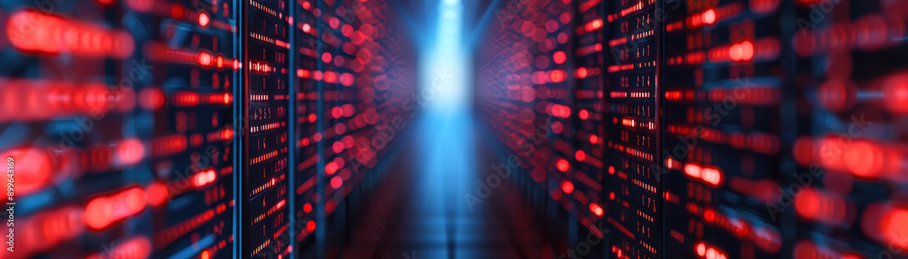 Poster futuristic data center with glowing red led lights along server racks, representing advanced technol