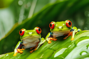 Fototapeta premium Front close up view of two funny red-eyed tree frogs (Agalychnis callidryas) on a green leaf with water drops after the rain, wildlife in a tropical rainforest of South America