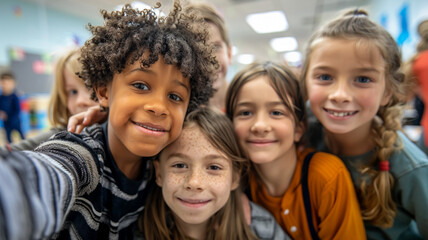 Fototapeta premium Happy children in a school classroom take a selfie together, enjoying their time and capturing the moment.