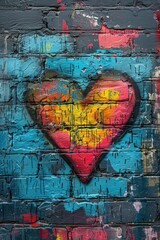 Fototapeta premium Vibrant graffiti heart with colorful spray paint on a textured brick wall, expressing urban street art and creativity.