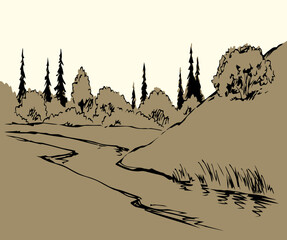 Vector drawing. Summer river scene