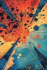 Abstract comic book style art with vibrant splashes of orange, blue, and yellow colors, featuring dynamic lines and energetic dots.