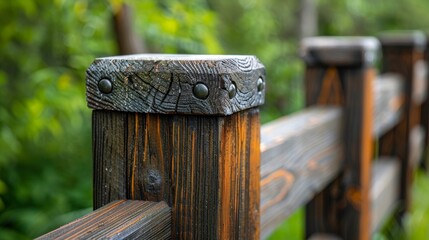 Fototapeta premium Close-up of a wooden fence post with textured surface and natural greenery in the background, perfect for outdoor themes.