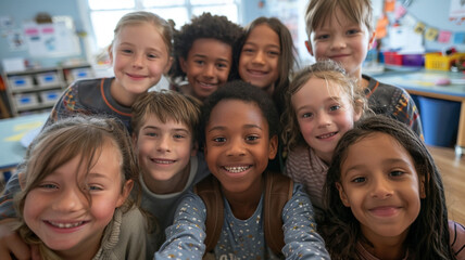 Fototapeta premium A joyful group of young friends poses together, radiating happiness and laughter while wearing vibrant clothing. Their close bond and childhood friendship are clearly visible