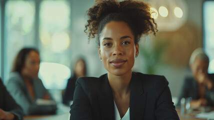 Fototapeta premium A confident African American businesswoman in a black suit discusses plans with colleagues in a modern meeting room with minimalist decor.