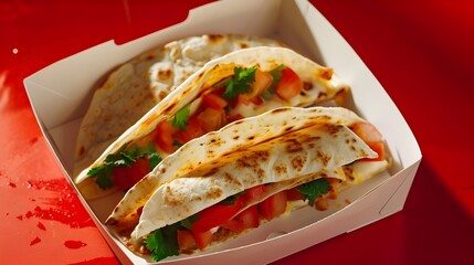 A serving of quesadillas with cheese, chicken, and vegetables in a white container against a red background. The quesadillas look savory and ready to be enjoyed.