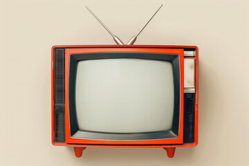 Retro red television with antennas on a beige background, depicting vintage technology and nostalgia from past decades.