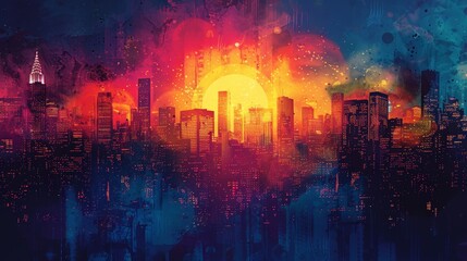 Abstract cityscape silhouette with vibrant colors and dynamic patterns
