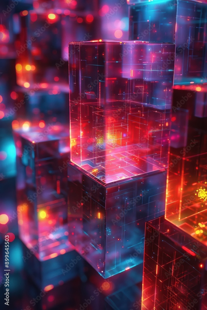 Poster futuristic digital architecture showcasing vibrant, illuminated blocks representing advanced technol