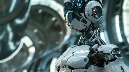 Fototapeta premium A close up of a futuristic robot wearing a white helmet and visor.
