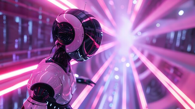 A futuristic robot walks through a brightly lit corridor with pink neon lights.