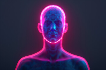 Futuristic neon-lit human face and upper body with immersive blue and pink light, displaying a blend of technology and art in a digital concept.