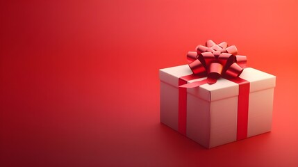 A neatly wrapped gift box with a red ribbon and bow against a red background. The box looks elegant and ready for gifting, perfect for any special occasion.
