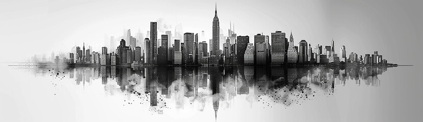 Fototapeta premium black and white illustration of abstract graphic of city building facade in white background with reflection on water 