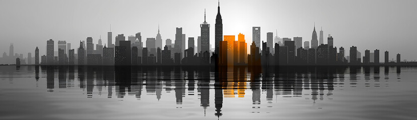 Fototapeta premium black and white illustration of abstract graphic of city building facade in white background with reflection on water 