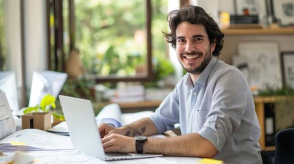 Obraz premium Smiling architect working on blueprints at office desk with laptop and sticky notes.