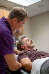 Fototapeta premium A doctor examines an elderly patient lying on a bed, focusing on health check-up and diagnosis in a clinical setting.