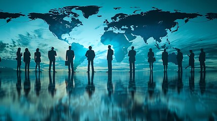 Silhouettes of business people standing in front of a world map.