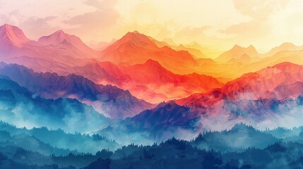 Stunning digital illustration of vibrant mountain landscape with soft gradients, blending warm and cool tones at sunrise, creating a serene atmosphere.