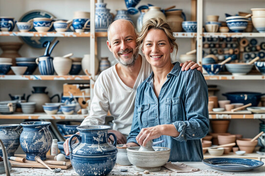 Couple in pottery workshop. Ceramic art business. Senior man and young woman in craft clay work shop. Owner and artist. Mature person hobby. Active Retired people making pot in blue handicraft store