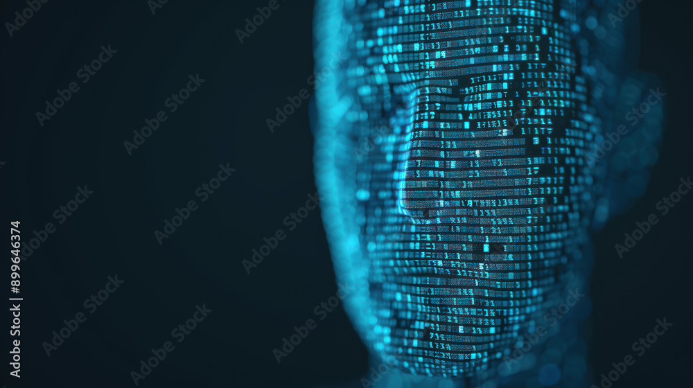 Poster digital representation of a human face made of binary code, illustrating artificial intelligence, da