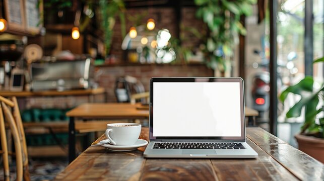 Cozy cafe workspace with open laptop and coffee cup on rustic wooden table, surrounded by warm lighting and lush greenery, perfect for remote work.