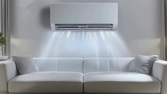 Air conditioner, hanging over the sofa with fresh blue moving stream in living room