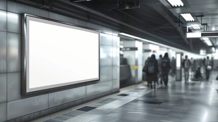 Blank illuminated billboard in modern subway station corridor, commuters walking in background, urban transit advertising opportunity