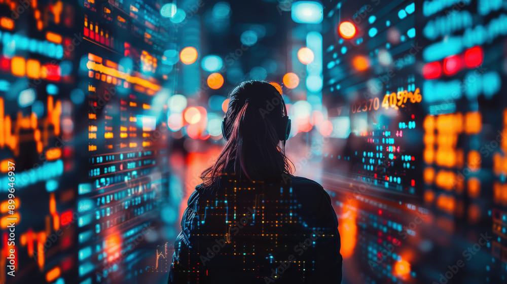 Poster silhouette of a person with back to camera in front of colorful digital data screens with neon light
