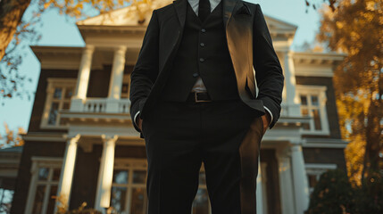 Old Money Fashion, man in an expensive suit against the background of a house in a classic style
