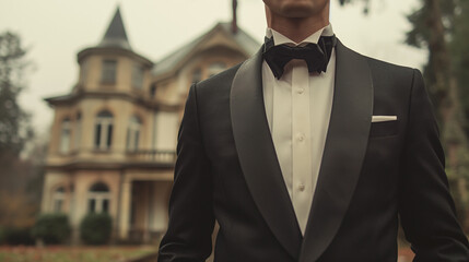 Old Money Fashion, man in an expensive suit against the background of a house in a classic style