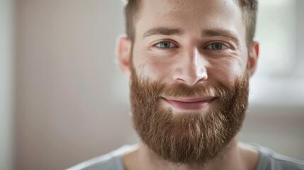 Obraz premium Smiling Bearded Man Close-Up - Close-up portrait of a smiling bearded man with bright eyes, capturing a moment of happiness and warmth in a well-lit setting.