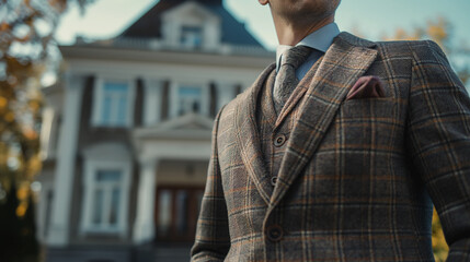 Old Money Fashion, man in an expensive suit against the background of a house in a classic style