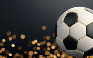 Obraz premium Close-up of a classic black and white soccer ball with golden sparkles in the background, showcasing sports elegance and celebration.