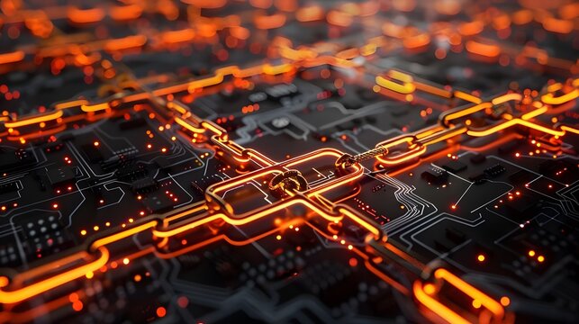Close-up of an advanced electronic circuit board with glowing orange and red data pathways.