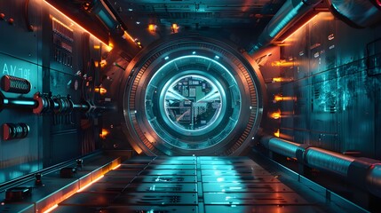 High-tech tunnel with a glowing circular portal at the center in a cybernetic environment.