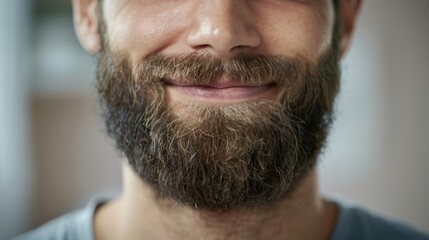 Obraz premium Smiling Bearded Man Close-Up - Close-up portrait of a smiling bearded man with bright eyes, capturing a moment of happiness and warmth in a well-lit setting.
